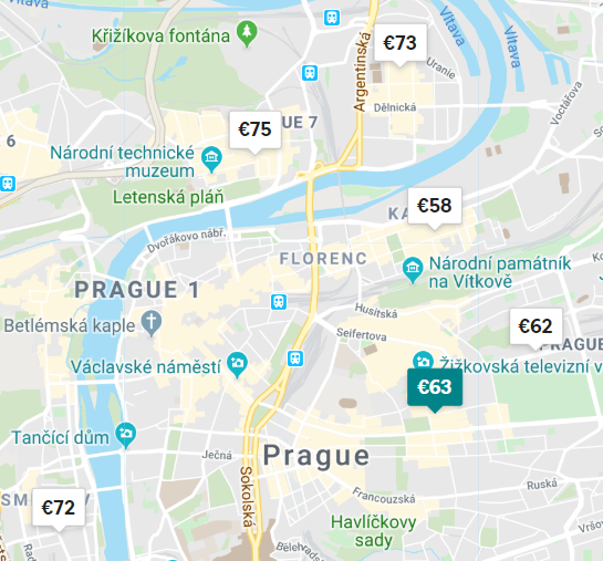 Oferta cazari apartamente Airbnb Praga harta